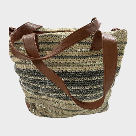 THE SAK BAG Large Zipper Crocheted Leather Trim Cream Gray - Picture 14 of 16